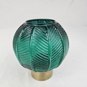 Ribbed Green Glass Votive Candle Holder Tea Light Gold Metal Base Art Deco